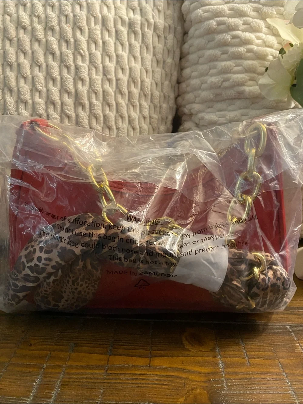 Jessica Simpson Red Quilted Shoulder Bag with Leopard Scarf Handle